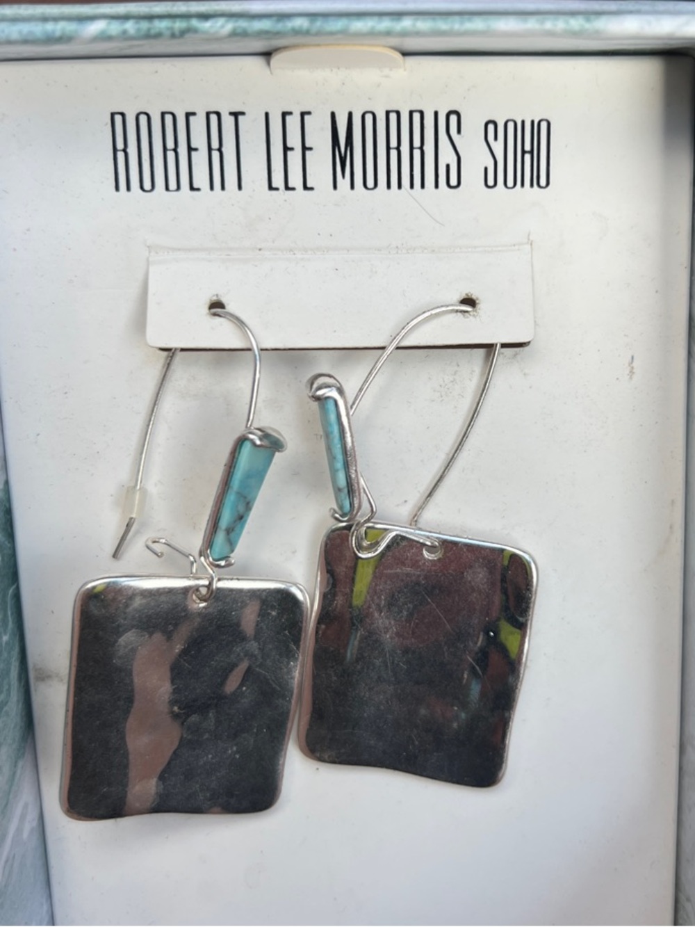 Robert Lee Morris Soho Silver Hammered Square Earrings with Turquoise Accents